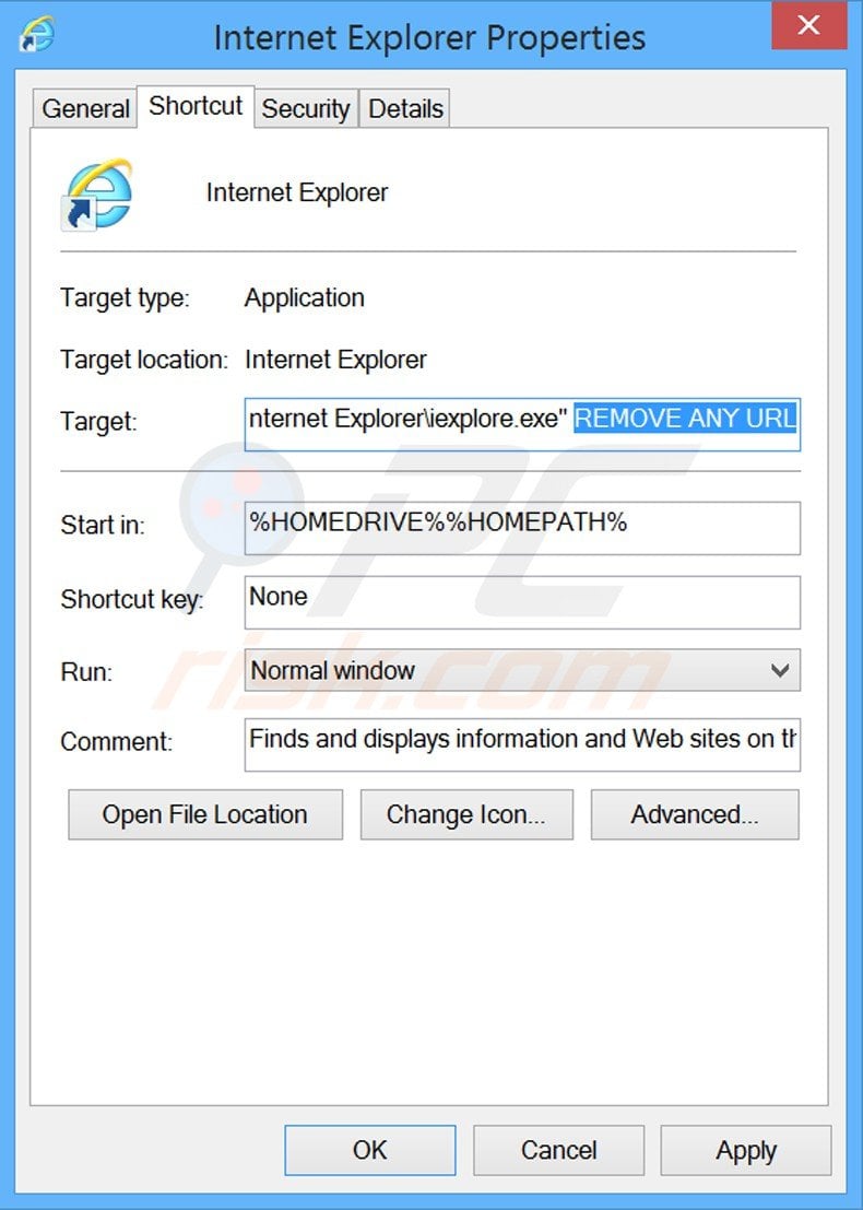 Verwijder een ongewenste url als Internet Explorer snelkoppeling stap 2