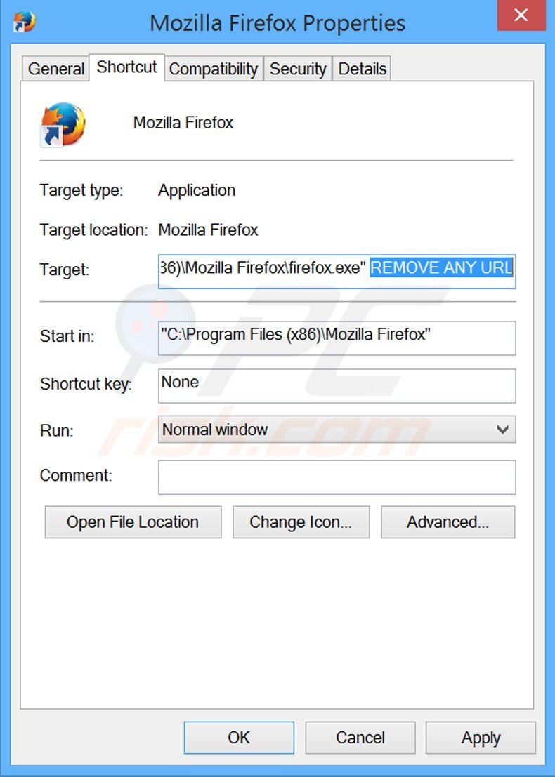 Verwijder aan xtab gerelaterde URL's als doel van de Mozilla Firefox snelkoppelingen stap 2