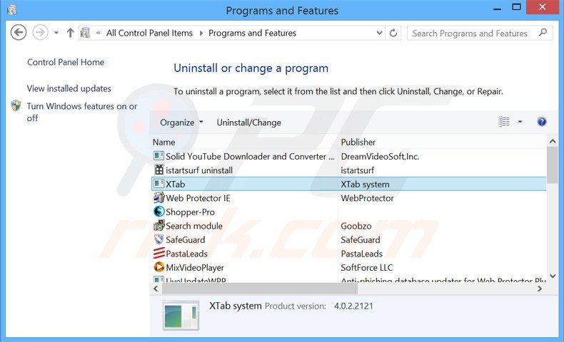 xtab browser hijacker verwijdering via het Controle Paneel