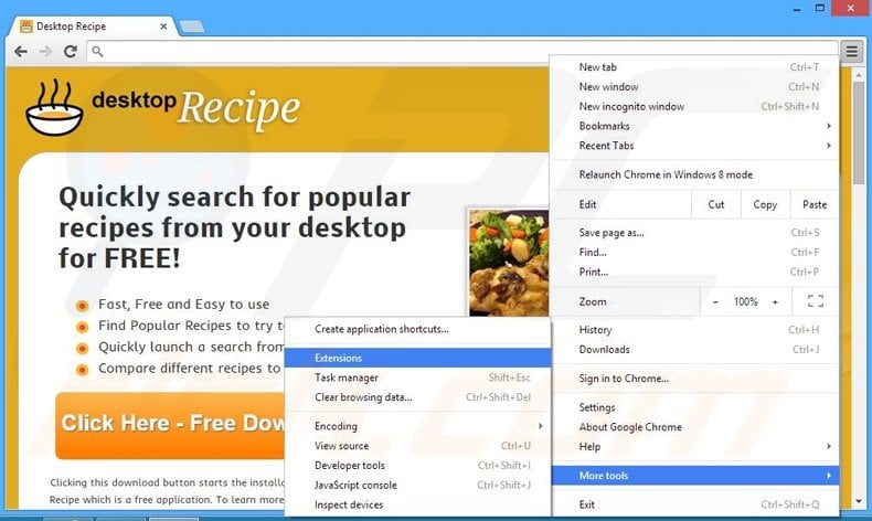 Verwijder de Desktop Recipe advertenties uit Google Chrome stap 1