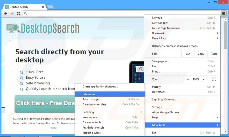 Verwijder de Desktop Search advertenties uit Google Chrome stap 1