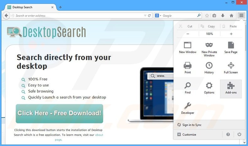 Verwijder de Desktop Search advertenties uit Mozilla Firefox stap 1