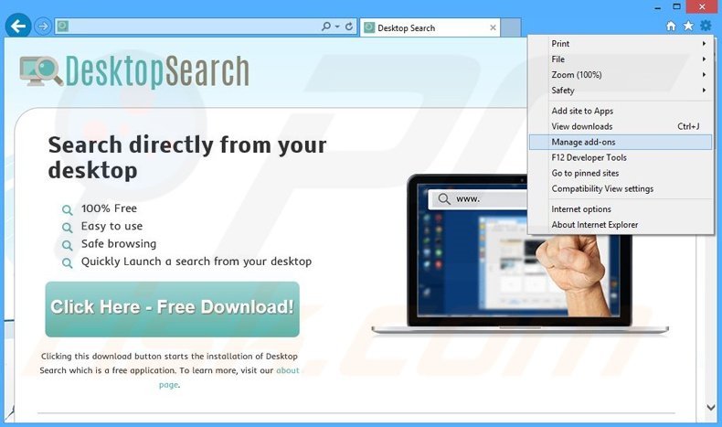 Verwijder de Desktop Search advertenties uit Internet Explorer stap 1