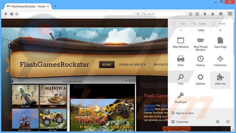 Verwijder de FlashGamesRockstar advertenties uit Mozilla Firefox stap 1