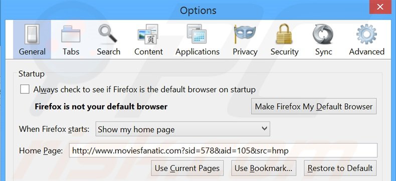 Verwijder moviesfanatic.com als startpagina in Mozilla Firefox