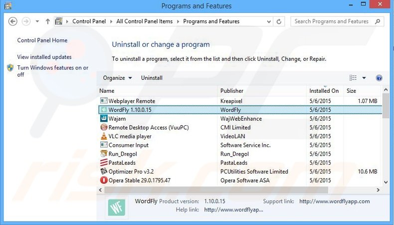 WordFly adware verwijdering via het Controle Paneel