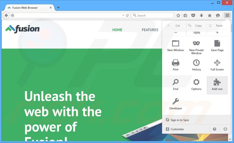Verwijder de Fusion Browser advertenties uit Mozilla Firefox stap 1