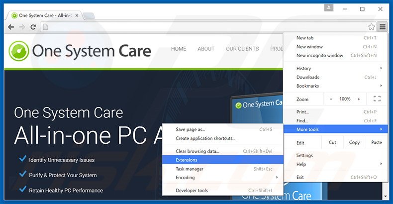 Verwijder One System Care  uit Google Chrome stap 1