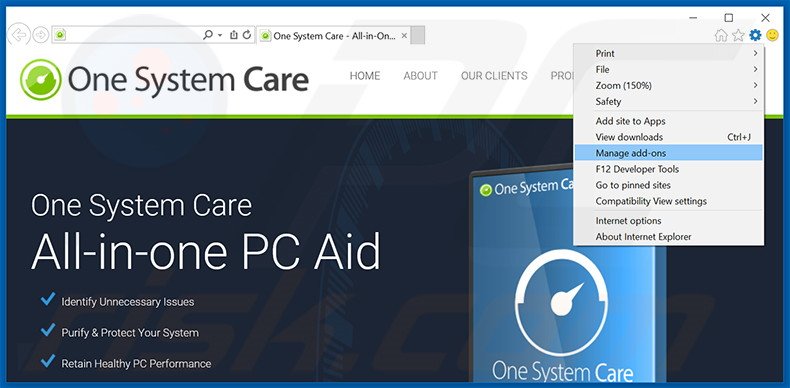 Verwijder de One System Care advertenties uit Internet Explorer stap 1