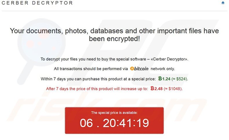 Waarschuwingsbericht stelt dat bestanden werden versleuteld door Cerber ransomware