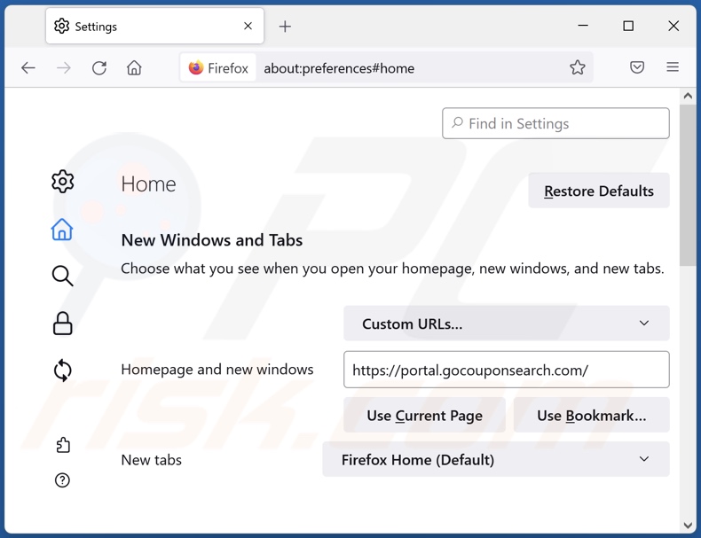 Removing gocouponsearch.com from Mozilla Firefox homepage