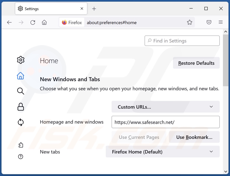Safesearch.net van Mozilla Firefox-homepage verwijderen