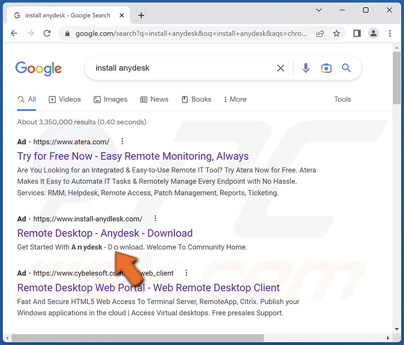 Google-advertentie die reclame maakt voor een valse AnyDesk-website die Rhadamanthys stealer-malware verspreidt