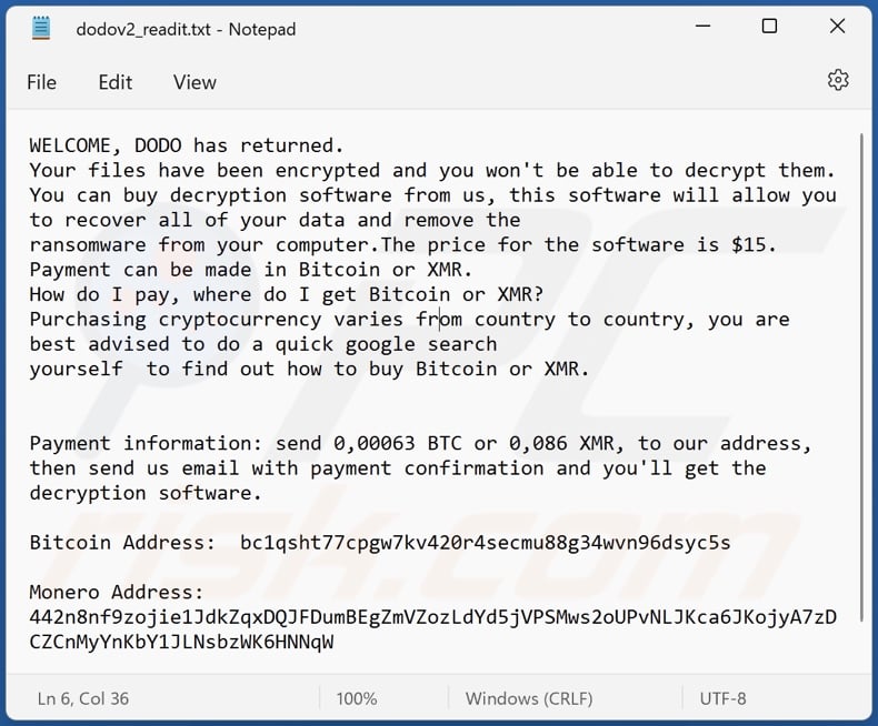 DODO ransomware ransom note (dodov2_readit.txt)