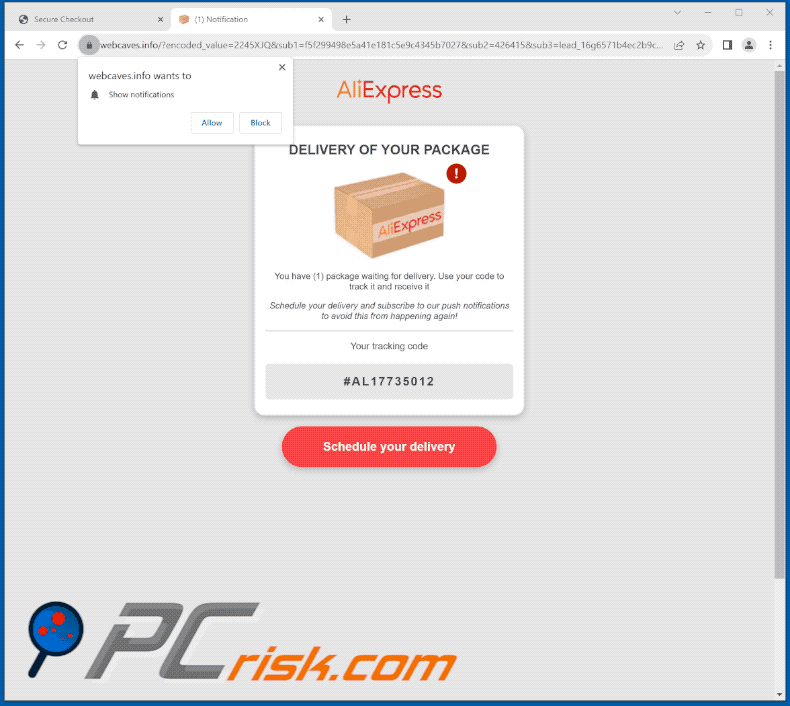 phishing-websites die worden gepromoot door de spamcampagne AliExpress Package (GIF)