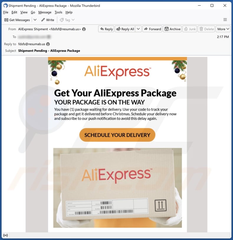 AliExpress Package email spam campagne