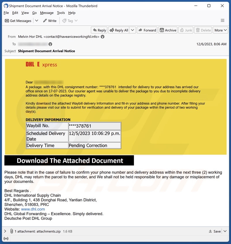 DHL Express - Incomplete Delivery Address email spam campaign