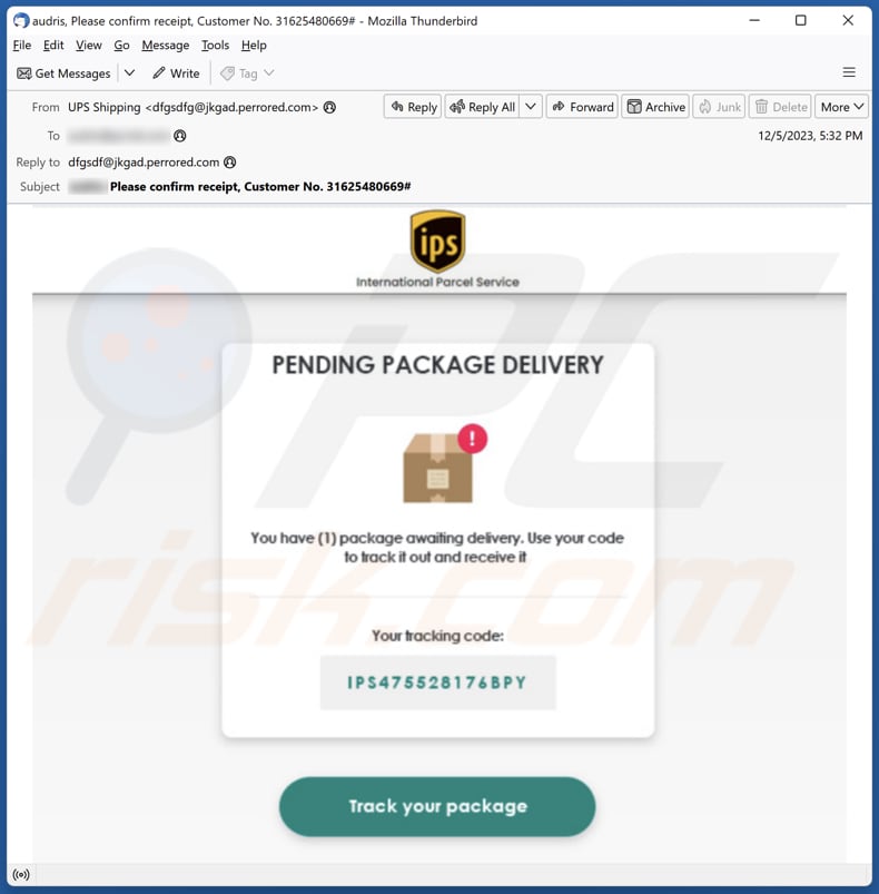IPS Pending Package Delivery phishing email