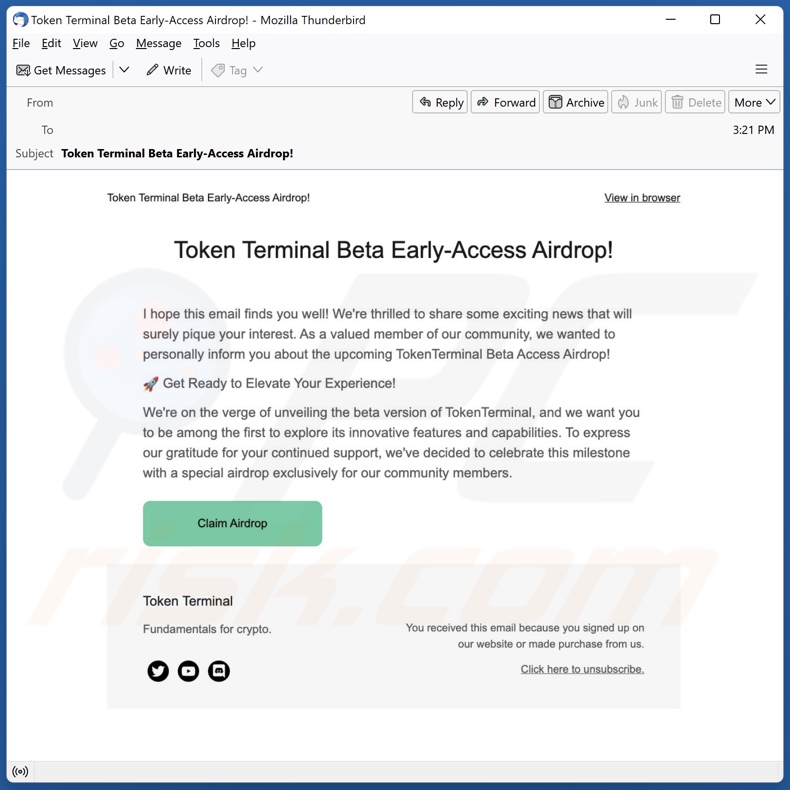 Token Terminal's Airdrop scam die spam e-mail onderschrijft