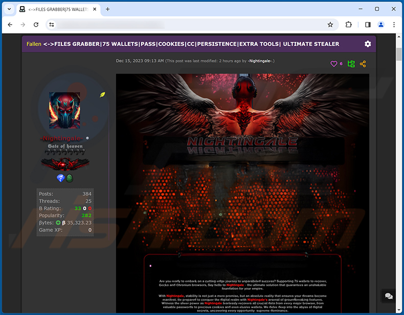 Nightingale stealer gepromoot op hacker forum