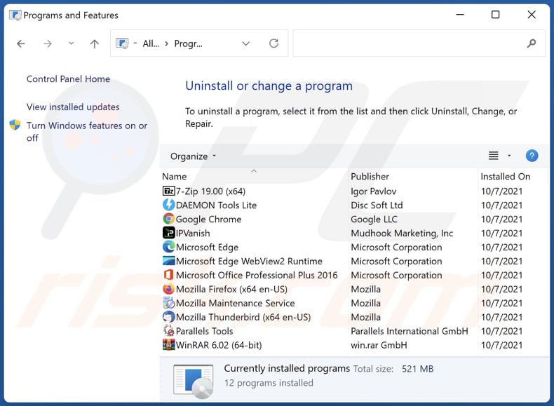 unixsearch.com browser hijacker verwijderen via Control Panel