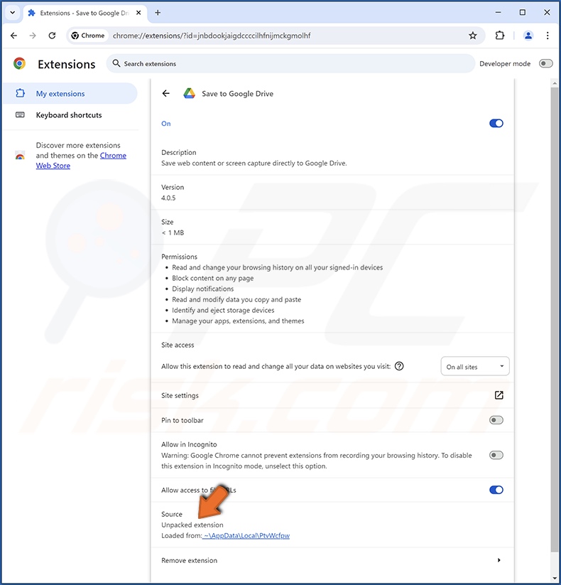Fake Save to Google Drive extensie browserextensie details