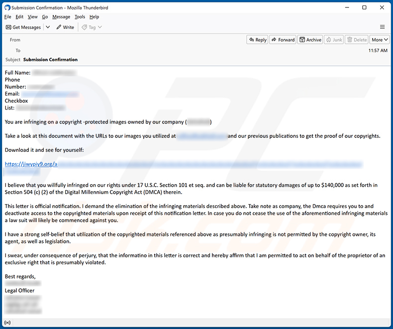 Spam-e-mail die Latrodectus-malware verspreidt (voorbeeld 1)