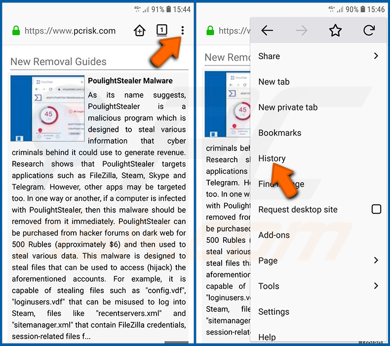 Browsegeschiedenis verwijderen uit Firefox in het Android-besturingssysteem (stap 1)