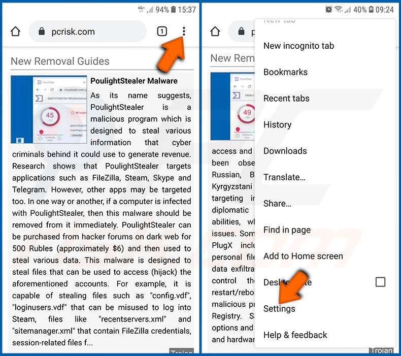 Browser-meldingen uitschakelen in de Chrome-browser in het Android-besturingssysteem (stap 1)