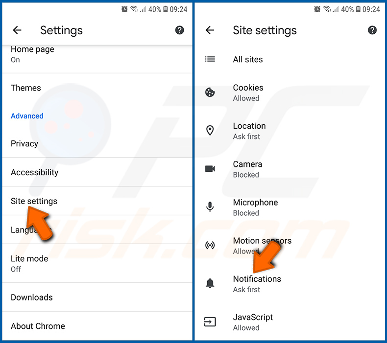 Disabling browser notifications in the Chrome browser in Android operating system (step 2)
