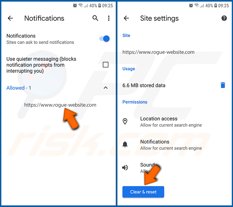 Disabling browser notifications in the Chrome browser in Android operating system (step 3)