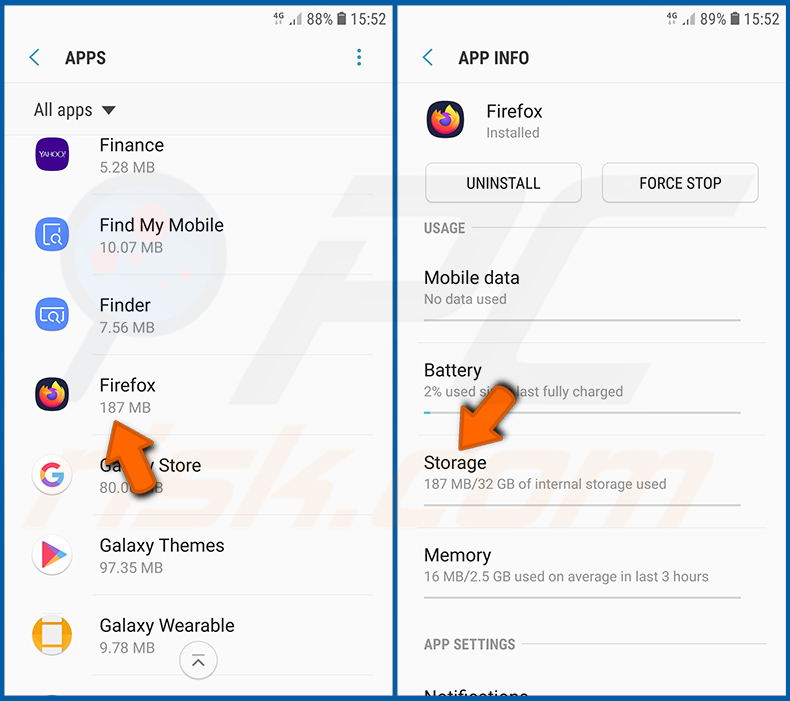 Resetten van Firefox-browser in het Android-besturingssysteem (stap 2)