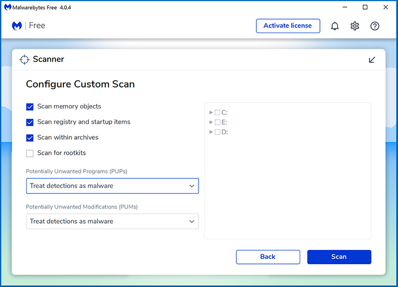 Malwarebytes 4.0 Custom scan