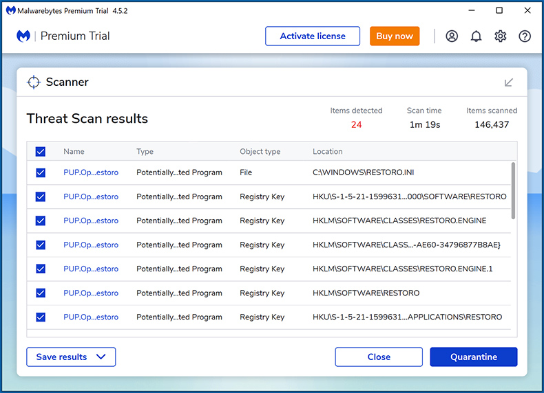 Malwarebytes Premium scan resultaten