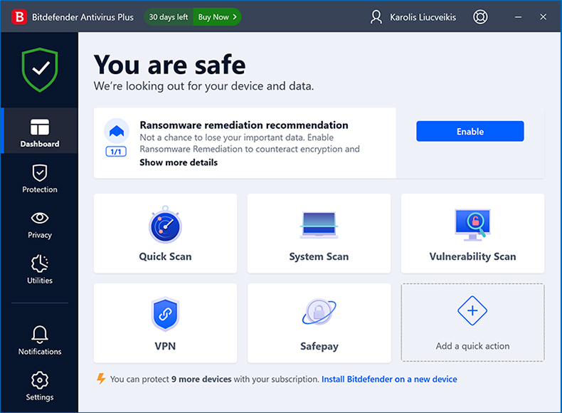Bitdefender Antivirus Plus eerste venster