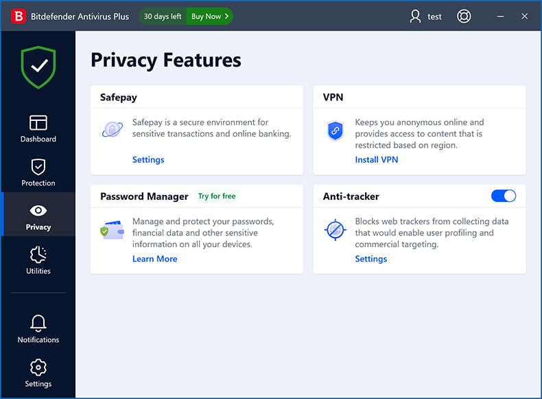 Bitdefender Antivirus Plus privacy-functies