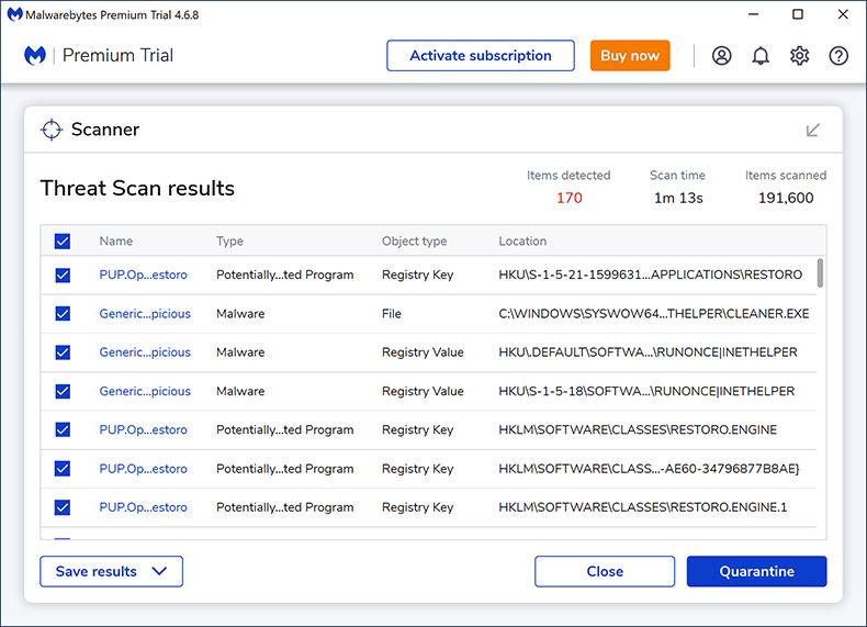 Malwarebytes Premium 2024 scanresultaten