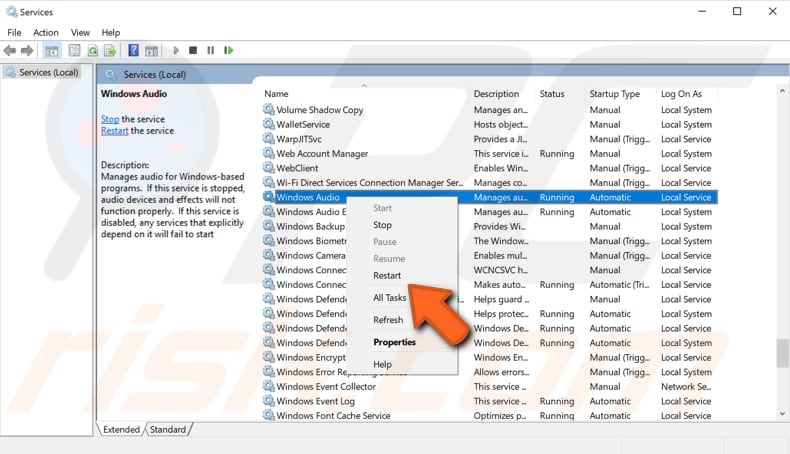herstart windows audio service stap 2