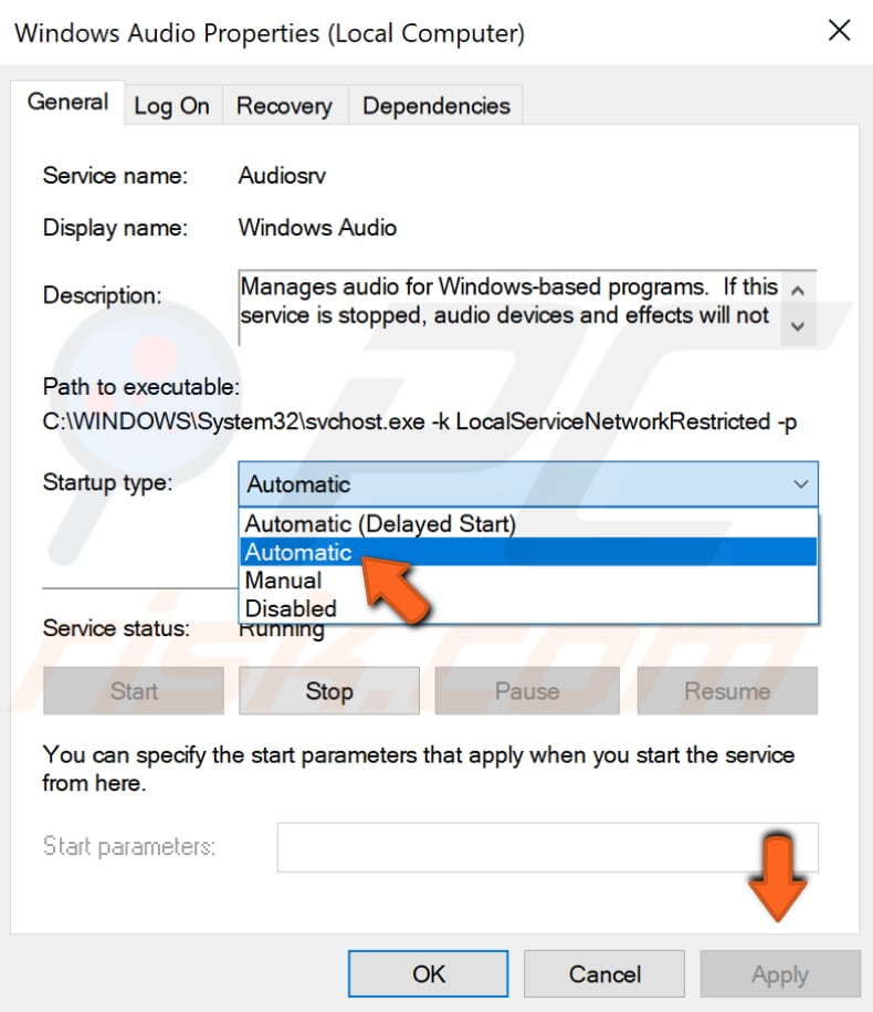 herstart windows audio service stap 4