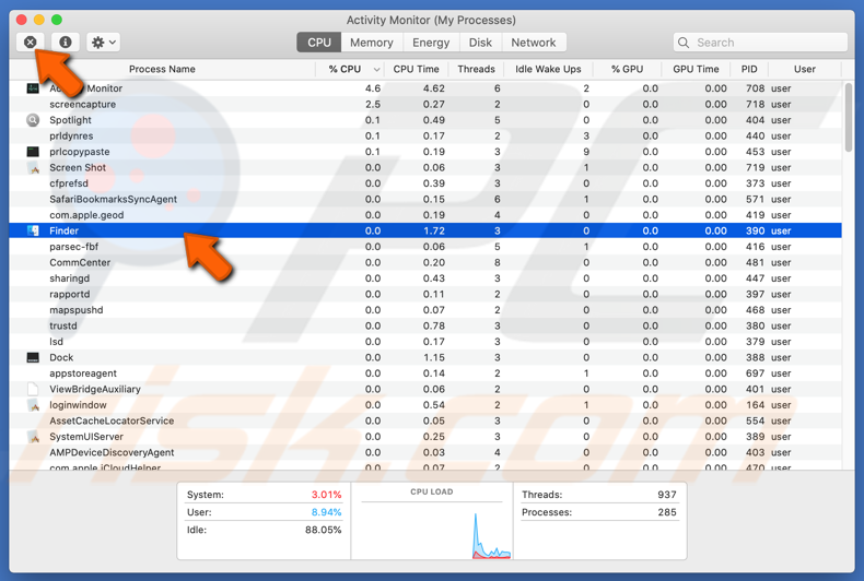 geforceerd afsluiten finder activiteitenmonitor