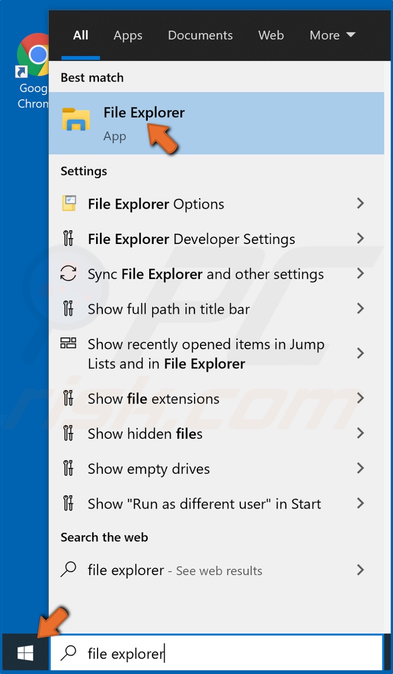 Open Start en typ in File Explorer en klik op het resultaat