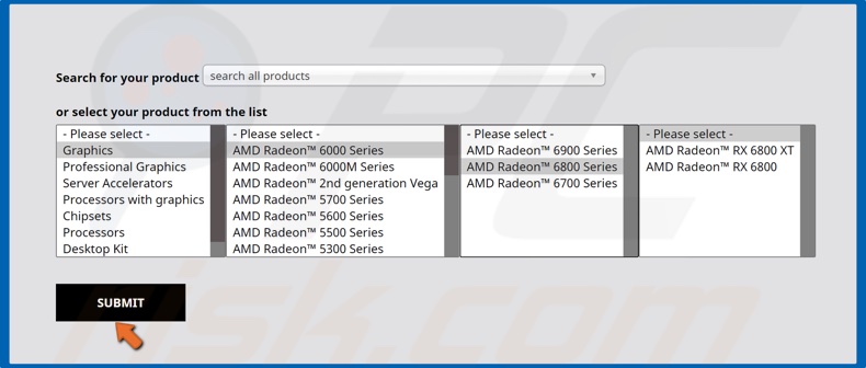Selecteer uw AMD grafische kaart en klik op Submit