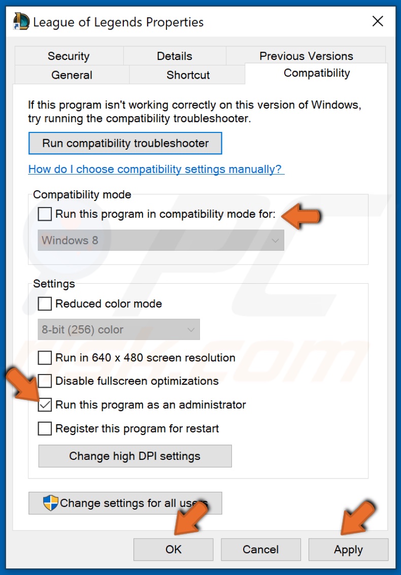 Verwijder het vinkje Dit programma in compatibiliteitsmodus uitvoeren en vinkje Dit programma als administrator uitvoeren en klik op OK