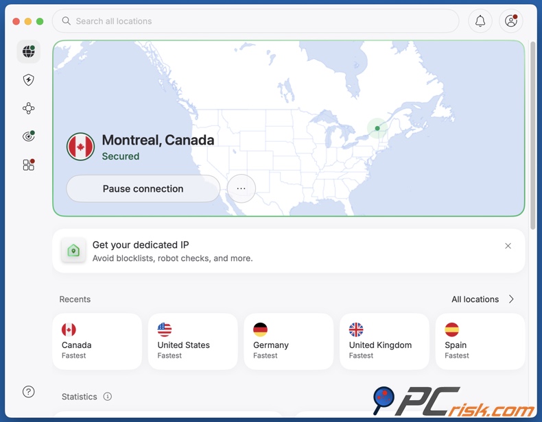 NordVPN verbonden met Canada