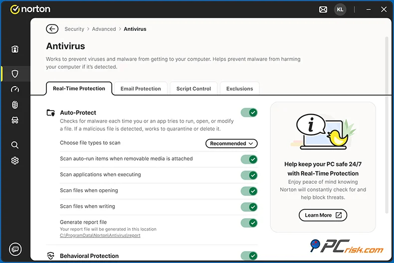 Norton antivirus dashboard