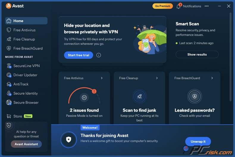 Avast startvenster