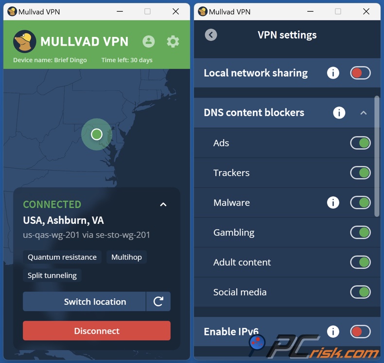 Mullvad VPN-dashboard