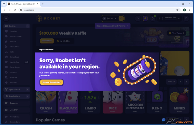 Sorry Roobet isn't available in your region