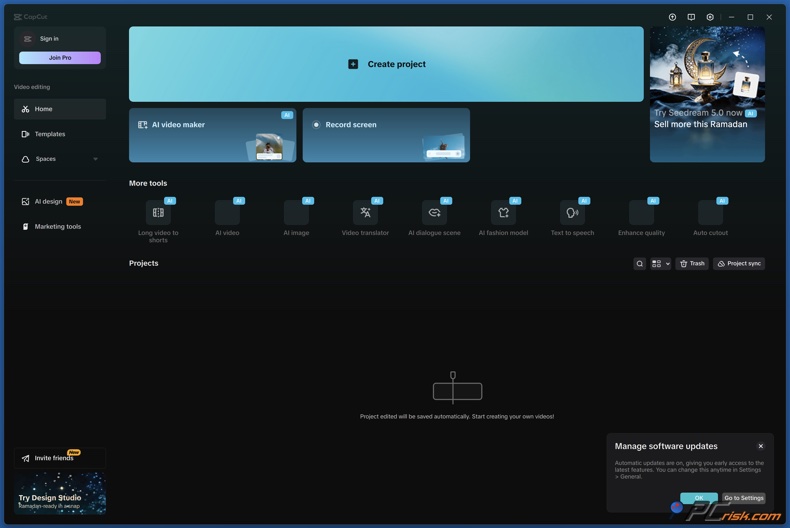 CapCut dashboard voor Windows