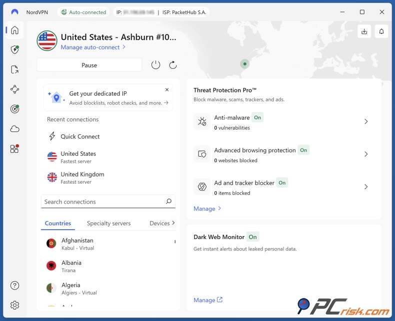 NordVPN is verbonden met de VS